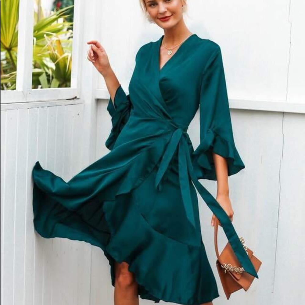 EUC Satin Ruffle Flare Sleeve Wrap Dress Spring worn once & dry cleaned 💚